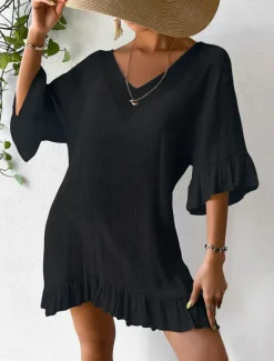 New Women's Beach Dresses Mini Dress Backless Ruffle Hem Vacation Beach Streetwear Basic V Neck 3/4 Length Sleeve Black White Color Women Cover Up|White Dresses