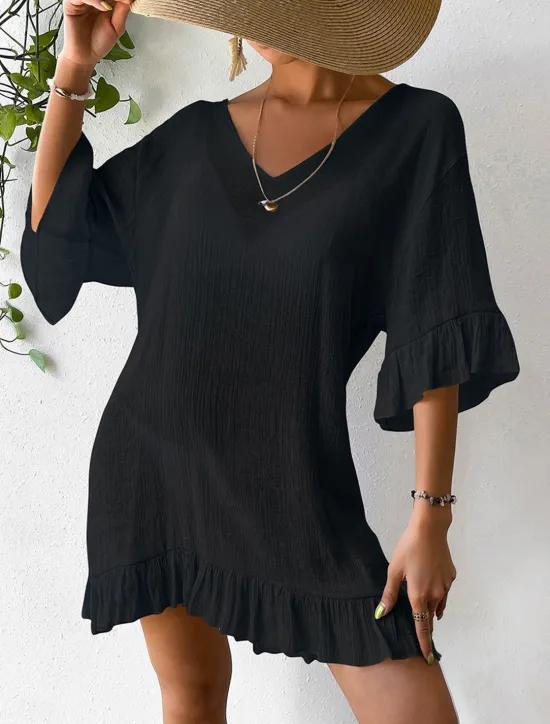 New Women's Beach Dresses Mini Dress Backless Ruffle Hem Vacation Beach Streetwear Basic V Neck 3/4 Length Sleeve Black White Color Women Cover Up|White Dresses