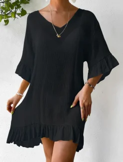 New Women's Beach Dresses Mini Dress Backless Ruffle Hem Vacation Beach Streetwear Basic V Neck 3/4 Length Sleeve Black White Color Women Cover Up|White Dresses