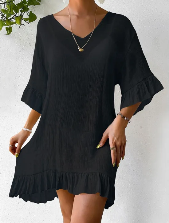 New Women's Beach Dresses Mini Dress Backless Ruffle Hem Vacation Beach Streetwear Basic V Neck 3/4 Length Sleeve Black White Color Women Cover Up|White Dresses