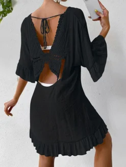 New Women's Beach Dresses Mini Dress Backless Ruffle Hem Vacation Beach Streetwear Basic V Neck 3/4 Length Sleeve Black White Color Women Cover Up|White Dresses