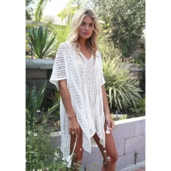 Women's Beach Dresses Oversized Crochet Party Vacation Casual Short Sleeves Lake blue Black White Color Women Cover Up|White Dresses