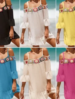 Hot Women's Beach Dresses Ruffle Cut Out Beach Wear Holiday Long Sleeve Black White Yellow Color Women Cover Up