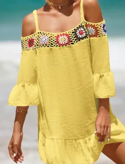 Hot Women's Beach Dresses Ruffle Cut Out Beach Wear Holiday Long Sleeve Black White Yellow Color Women Cover Up