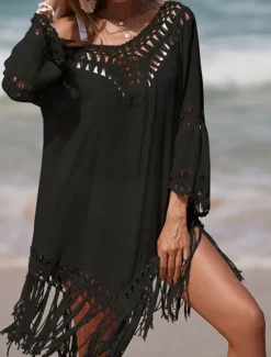 Hot Women's Beach Dresses Tassel Cut Out Beach Wear Holiday Long Sleeve Black White Blue Color Women Cover Up
