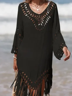 Hot Women's Beach Dresses Tassel Cut Out Beach Wear Holiday Long Sleeve Black White Blue Color Women Cover Up