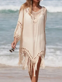 Hot Women's Beach Dresses Tassel Cut Out Beach Wear Holiday Long Sleeve Black White Blue Color Women Cover Up