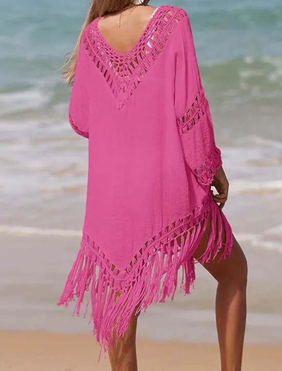 Hot Women's Beach Dresses Tassel Cut Out Beach Wear Holiday Long Sleeve Black White Blue Color Women Cover Up