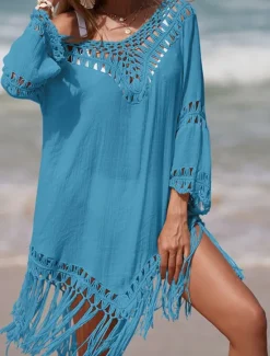 Hot Women's Beach Dresses Tassel Cut Out Beach Wear Holiday Long Sleeve Black White Blue Color Women Cover Up
