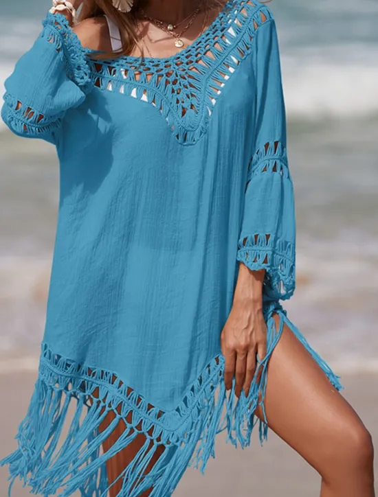 Hot Women's Beach Dresses Tassel Cut Out Beach Wear Holiday Long Sleeve Black White Blue Color Women Cover Up