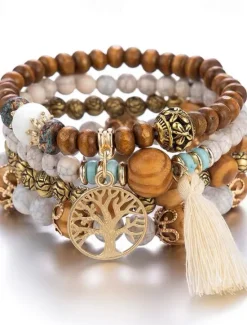 New Women's Bead Bracelet Vintage Bracelet Layered Fashion Tree of Life Flower Elegant Fashion Personalized Tassel Bohemian Alloy Bracelet Jewelry For Gift Holiday Date Beach Festival Women Trendy Jewelry