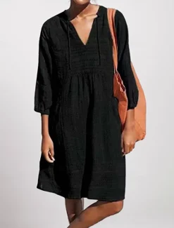 Women's Black Blue Green Summer Spring Midi Dress Cotton Linen Dresses Cotton Summer Dress Casual Vacation Daily Loose Fit Plain V Neck Women Dresses