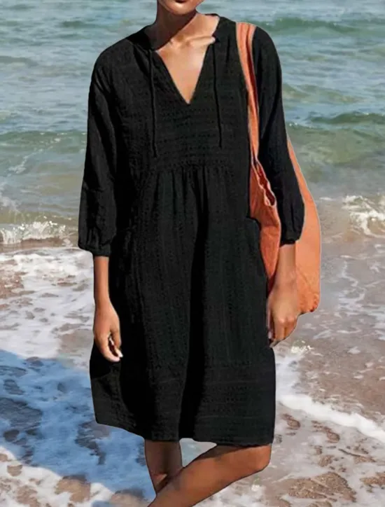 Women's Black Blue Green Summer Spring Midi Dress Cotton Linen Dresses Cotton Summer Dress Casual Vacation Daily Loose Fit Plain V Neck Women Dresses