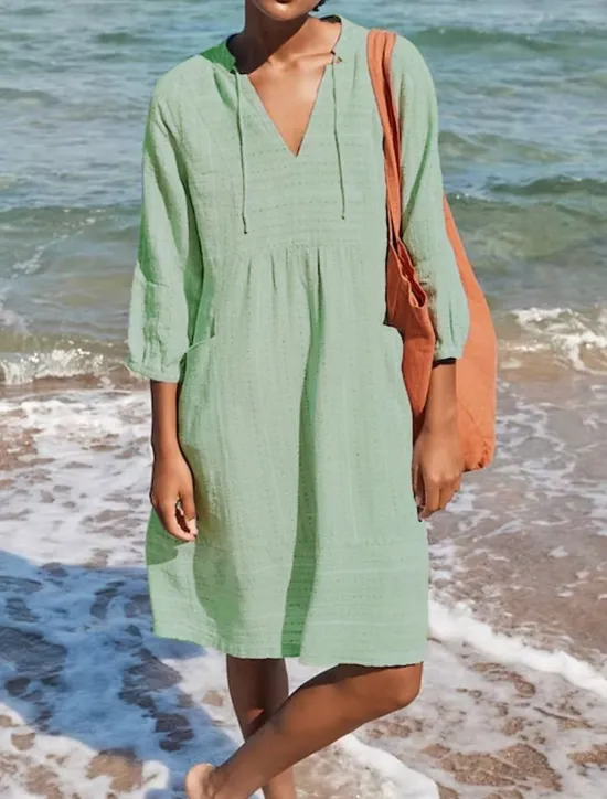 Women's Black Blue Green Summer Spring Midi Dress Cotton Linen Dresses Cotton Summer Dress Casual Vacation Daily Loose Fit Plain V Neck Women Dresses