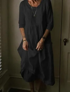 Best Women's Black Blue Green Summer Spring Midi Dress Linen-Inspired Dresses Casual Dress Cotton Linen Dress Basic Modern Daily Weekend Loose Fit Plain Crew Neck Women Dresses