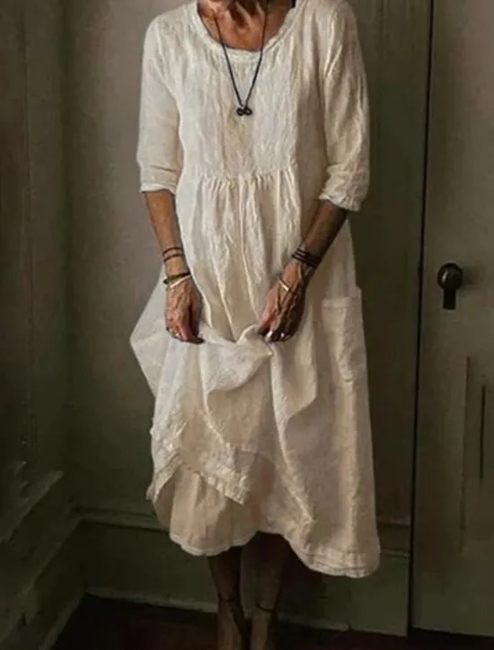 Best Women's Black Blue Green Summer Spring Midi Dress Linen-Inspired Dresses Casual Dress Cotton Linen Dress Basic Modern Daily Weekend Loose Fit Plain Crew Neck Women Dresses