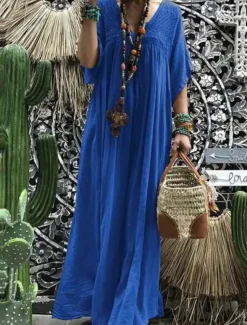 Sale Women's Black Blue khaki Summer Maxi Dress Linen-Inspired Dresses Cotton Linen Dress Fashion Daily Office Date Loose Fit V Neck Women Dresses