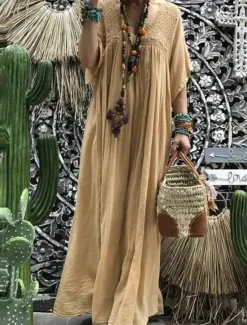 Sale Women's Black Blue khaki Summer Maxi Dress Linen-Inspired Dresses Cotton Linen Dress Fashion Daily Office Date Loose Fit V Neck Women Dresses