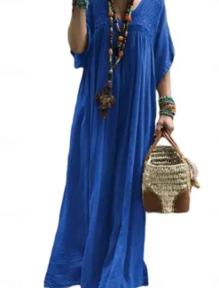 Sale Women's Black Blue khaki Summer Maxi Dress Linen-Inspired Dresses Cotton Linen Dress Fashion Daily Office Date Loose Fit V Neck Women Dresses
