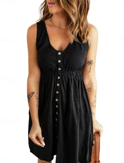Online Women's Black Blue khaki Summer Spring Mini Dress Petite Dress Casual Dress Tank Dress Basic Modern Daily Weekend Loose Fit Plain V Neck Women Sundresses