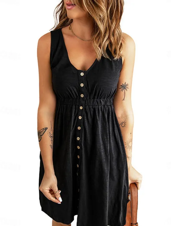 Online Women's Black Blue khaki Summer Spring Mini Dress Petite Dress Casual Dress Tank Dress Basic Modern Daily Weekend Loose Fit Plain V Neck Women Sundresses