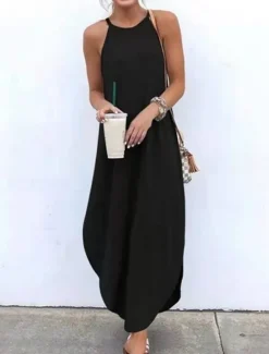 Online Women's Black Blue Orange Summer Spring Long Dress Maxi Dress Linen-Inspired Dresses Strap Dress Hot Holiday Casual vacation dresses Regular Fit Pure Color Crew Neck Women Dresses