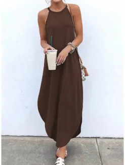 Online Women's Black Blue Orange Summer Spring Long Dress Maxi Dress Linen-Inspired Dresses Strap Dress Hot Holiday Casual vacation dresses Regular Fit Pure Color Crew Neck Women Dresses