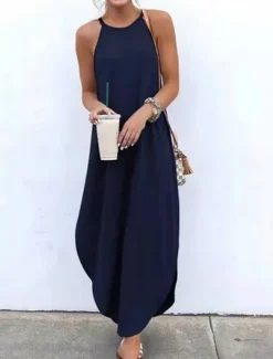 Online Women's Black Blue Orange Summer Spring Long Dress Maxi Dress Linen-Inspired Dresses Strap Dress Hot Holiday Casual vacation dresses Regular Fit Pure Color Crew Neck Women Dresses