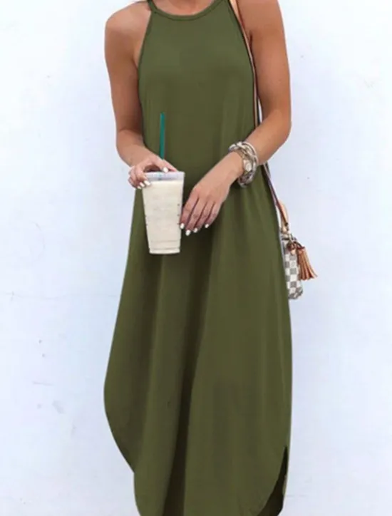 Online Women's Black Blue Orange Summer Spring Long Dress Maxi Dress Linen-Inspired Dresses Strap Dress Hot Holiday Casual vacation dresses Regular Fit Pure Color Crew Neck Women Dresses
