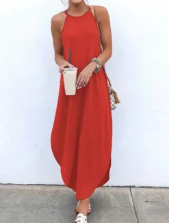Online Women's Black Blue Orange Summer Spring Long Dress Maxi Dress Linen-Inspired Dresses Strap Dress Hot Holiday Casual vacation dresses Regular Fit Pure Color Crew Neck Women Dresses