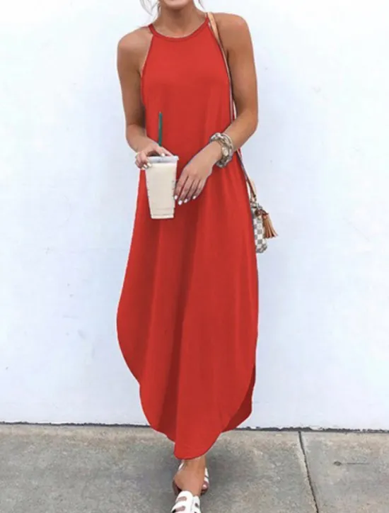 Online Women's Black Blue Orange Summer Spring Long Dress Maxi Dress Linen-Inspired Dresses Strap Dress Hot Holiday Casual vacation dresses Regular Fit Pure Color Crew Neck Women Dresses