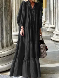 Outlet Women's Blue Summer Spring Maxi Dress Cotton Linen Dresses Dress Shirt Dress Bohemia Daily Weekend Loose Fit Plain Shirt Collar Women Dresses