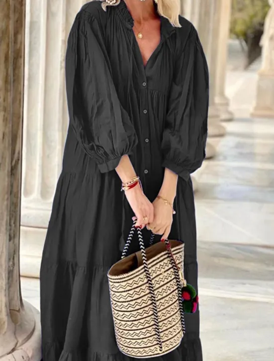 Outlet Women's Blue Summer Spring Maxi Dress Cotton Linen Dresses Dress Shirt Dress Bohemia Daily Weekend Loose Fit Plain Shirt Collar Women Dresses