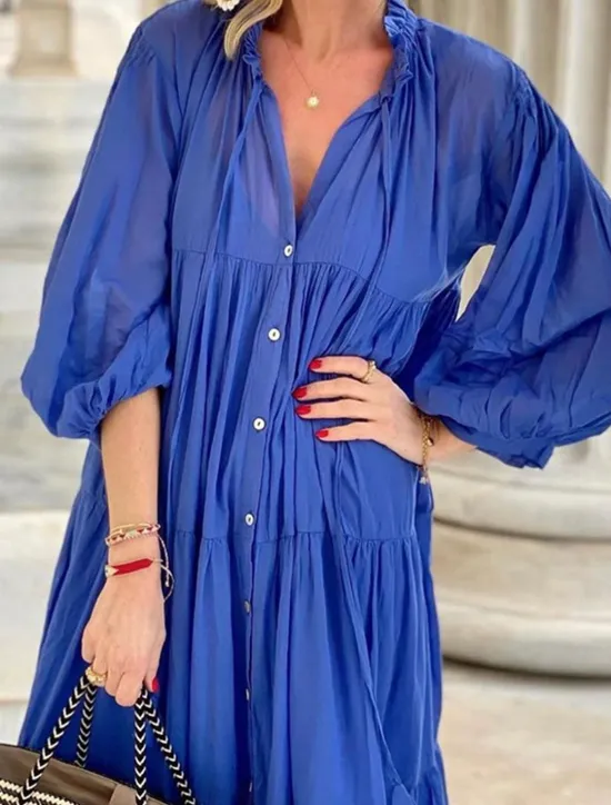Outlet Women's Blue Summer Spring Maxi Dress Cotton Linen Dresses Dress Shirt Dress Bohemia Daily Weekend Loose Fit Plain Shirt Collar Women Dresses