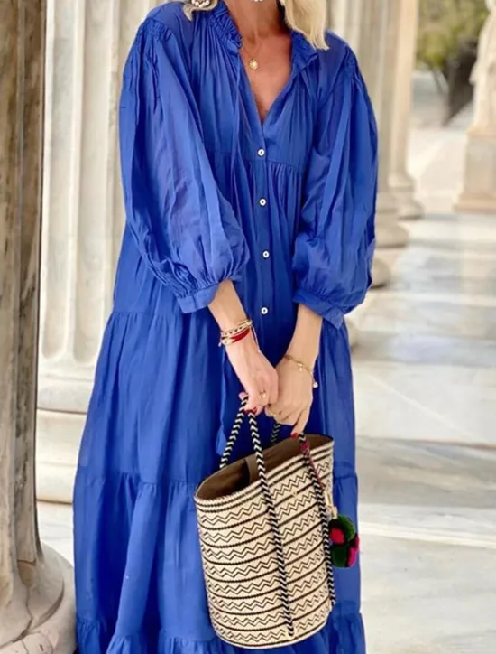 Outlet Women's Blue Summer Spring Maxi Dress Cotton Linen Dresses Dress Shirt Dress Bohemia Daily Weekend Loose Fit Plain Shirt Collar Women Dresses