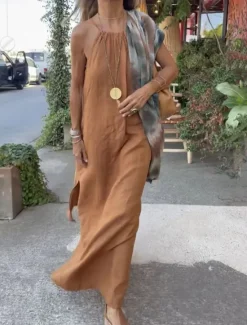 Sale Women's Black Brown Summer Spring Maxi long Dress Cotton Linen Dresses Casual Dress Strap Dress Basic Modern Daily Weekend Loose Fit Plain Spaghetti Strap Women Dresses