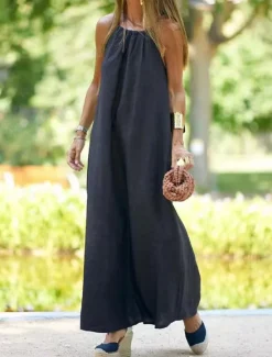 Sale Women's Black Brown Summer Spring Maxi long Dress Cotton Linen Dresses Casual Dress Strap Dress Basic Modern Daily Weekend Loose Fit Plain Spaghetti Strap Women Dresses