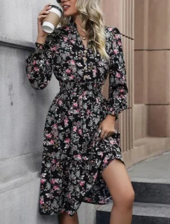 Best Women's Black Dress Casual Dress Floral Print V Neck Maxi Dress Vintage Daily Vacation Spring Fall Women Spring Dresses|Floral Dresses