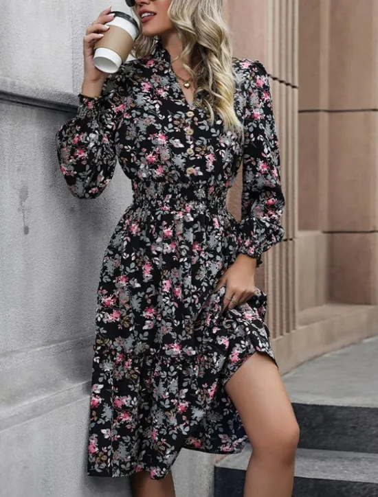 Best Women's Black Dress Casual Dress Floral Print V Neck Maxi Dress Vintage Daily Vacation Spring Fall Women Spring Dresses|Floral Dresses