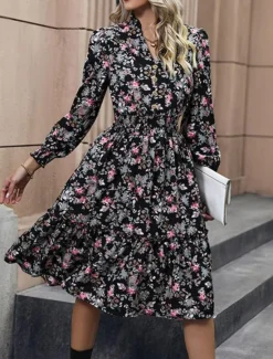 Best Women's Black Dress Casual Dress Floral Print V Neck Maxi Dress Vintage Daily Vacation Spring Fall Women Spring Dresses|Floral Dresses