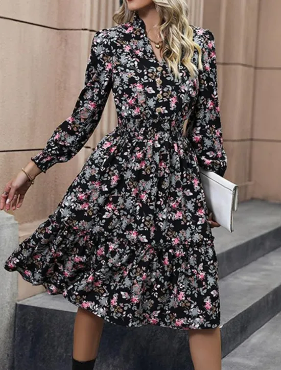 Best Women's Black Dress Casual Dress Floral Print V Neck Maxi Dress Vintage Daily Vacation Spring Fall Women Spring Dresses|Floral Dresses