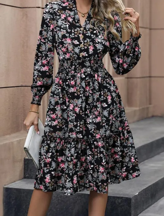 Best Women's Black Dress Casual Dress Floral Print V Neck Maxi Dress Vintage Daily Vacation Spring Fall Women Spring Dresses|Floral Dresses