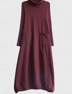 Hot Women's Black Dress Long Dress Maxi Dress Polyester Ruched Pocket Daily Date Active Fashion Turtleneck Long Sleeve Black Wine Khaki Color Women T Shirt Dresses