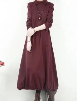 Hot Women's Black Dress Long Dress Maxi Dress Polyester Ruched Pocket Daily Date Active Fashion Turtleneck Long Sleeve Black Wine Khaki Color Women T Shirt Dresses