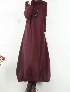 Hot Women's Black Dress Long Dress Maxi Dress Polyester Ruched Pocket Daily Date Active Fashion Turtleneck Long Sleeve Black Wine Khaki Color Women T Shirt Dresses