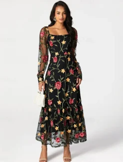 Outlet Women's Dress Maxi Dress Ruffle Embroidered Elegant Square Neck Long Sleeve Color Women Cocktail Dress