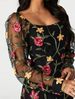 Outlet Women's Dress Maxi Dress Ruffle Embroidered Elegant Square Neck Long Sleeve Color Women Cocktail Dress