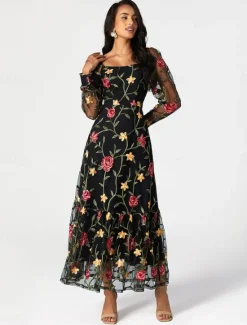 Outlet Women's Dress Maxi Dress Ruffle Embroidered Elegant Square Neck Long Sleeve Color Women Cocktail Dress