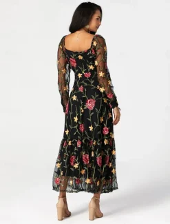 Outlet Women's Dress Maxi Dress Ruffle Embroidered Elegant Square Neck Long Sleeve Color Women Cocktail Dress
