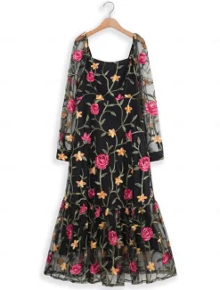 Outlet Women's Dress Maxi Dress Ruffle Embroidered Elegant Square Neck Long Sleeve Color Women Cocktail Dress